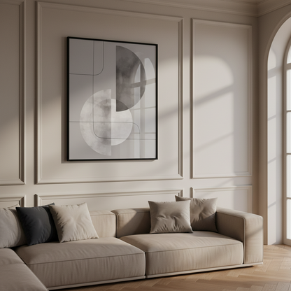 Close black white abstract painting half moon