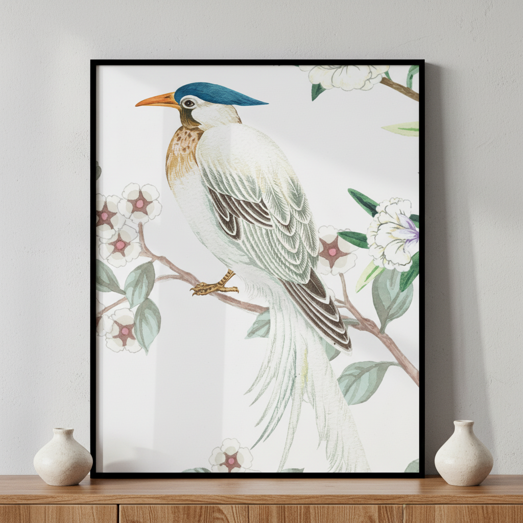 Bird sitting branch flowers ภาพติดผังสไตล์สแกนดิเนเวีย สำหรับตกแต่งบ้านและคอนโด พร้อมกรอบคุณภาพ