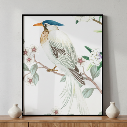Bird sitting branch flowers ภาพติดผังสไตล์สแกนดิเนเวีย สำหรับตกแต่งบ้านและคอนโด พร้อมกรอบคุณภาพ