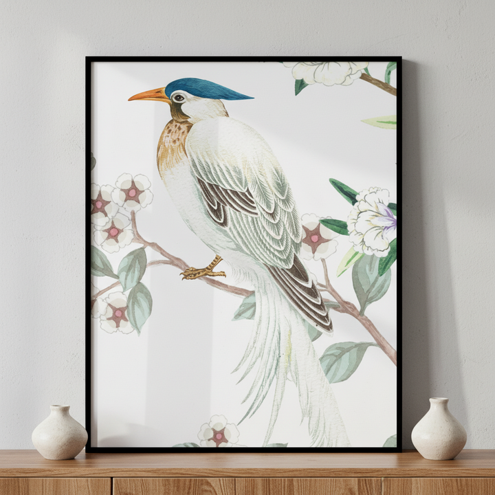 Bird sitting branch flowers ภาพติดผังสไตล์สแกนดิเนเวีย สำหรับตกแต่งบ้านและคอนโด พร้อมกรอบคุณภาพ