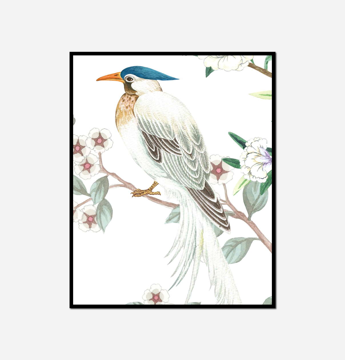 bird sitting branch flowers