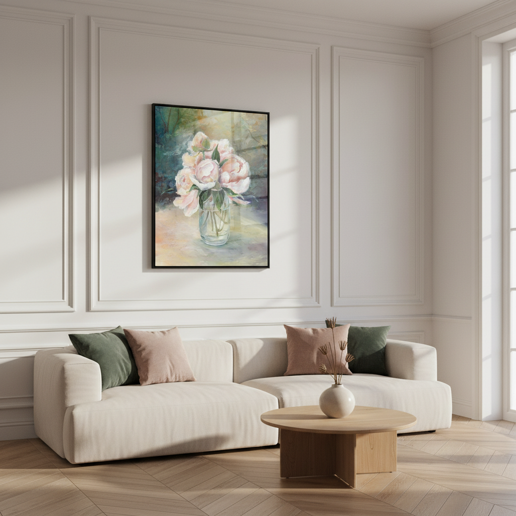 Painting vase pink flowers table