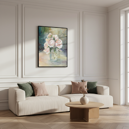 Painting vase pink flowers table