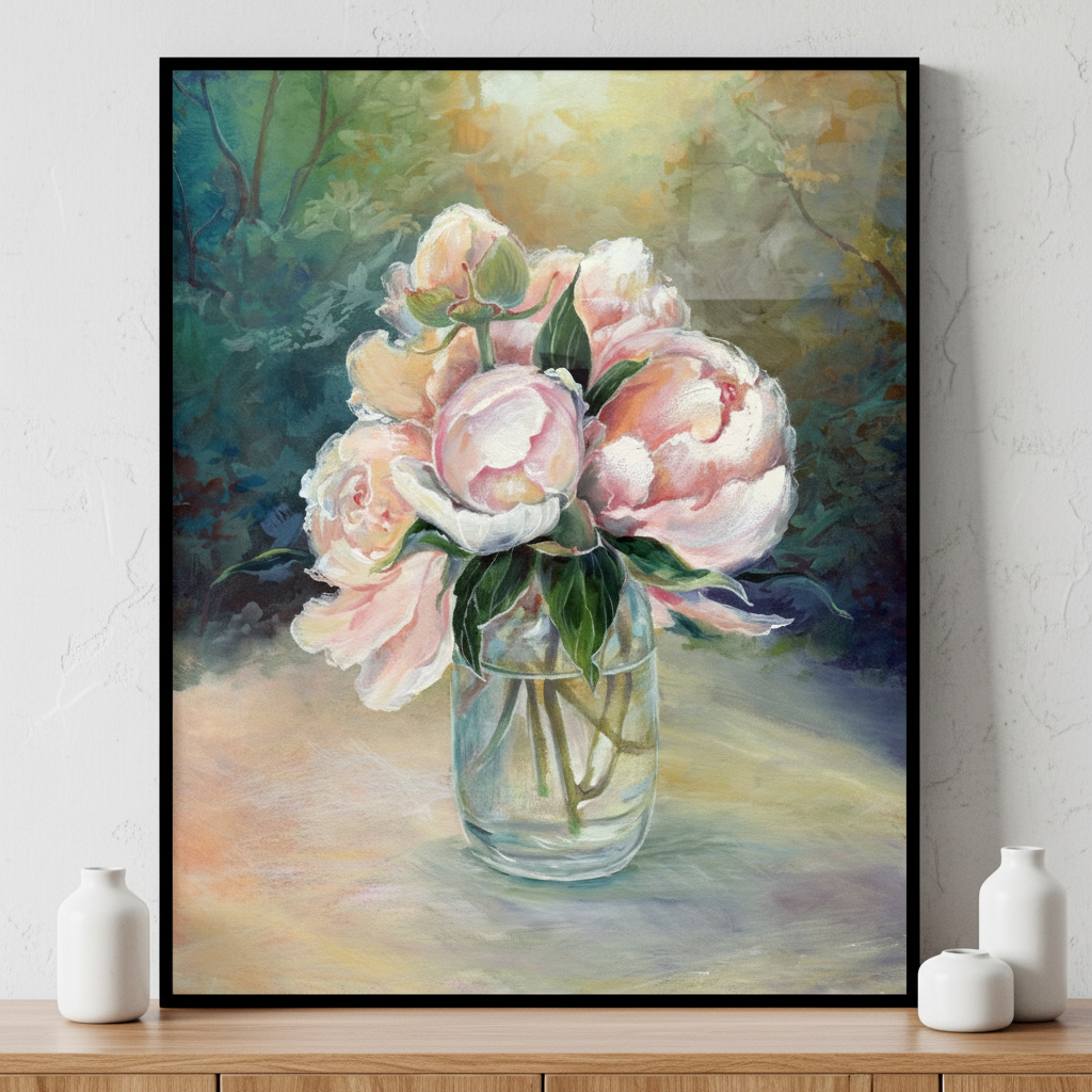 Painting vase pink flowers table ภาพติดผังสไตล์สแกนดิเนเวีย สำหรับตกแต่งบ้านและคอนโด พร้อมกรอบคุณภาพ