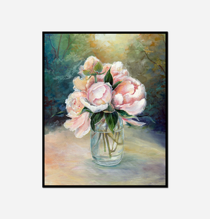 Painting vase pink flowers table