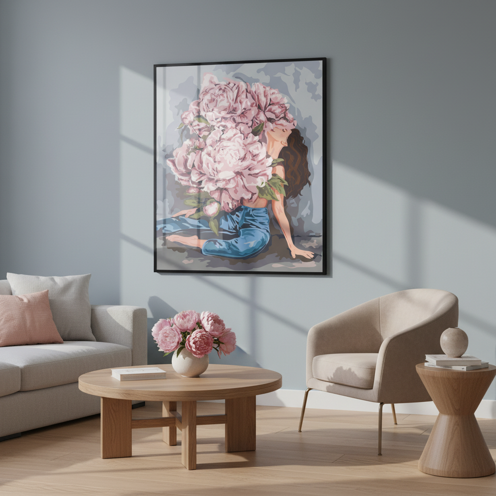 Woman bouquet pink flowers sitting ground