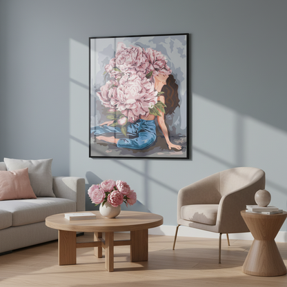 Woman bouquet pink flowers sitting ground