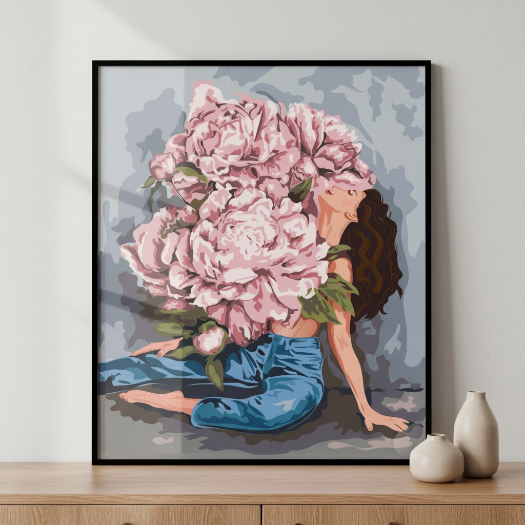 Woman bouquet pink flowers sitting ground ภาพติดผังสไตล์สแกนดิเนเวีย สำหรับตกแต่งบ้านและคอนโด พร้อมกรอบคุณภาพ