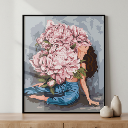 Woman bouquet pink flowers sitting ground ภาพติดผังสไตล์สแกนดิเนเวีย สำหรับตกแต่งบ้านและคอนโด พร้อมกรอบคุณภาพ