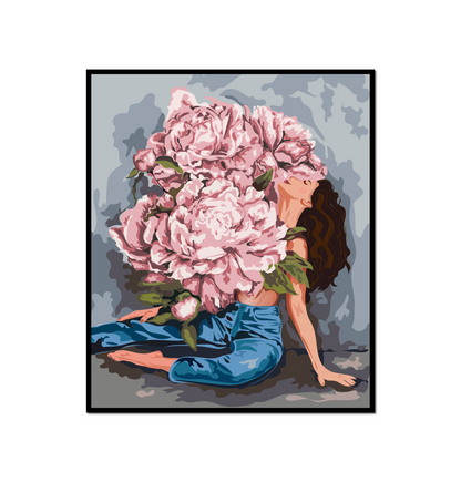 Woman bouquet pink flowers sitting ground