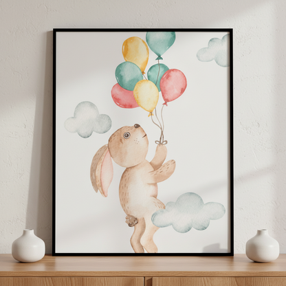 Watercolor painting bunny flying balloons ภาพติดผังสไตล์สแกนดิเนเวีย สำหรับตกแต่งบ้านและคอนโด พร้อมกรอบคุณภาพ