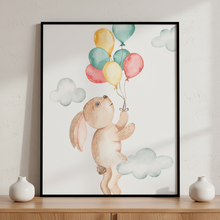 Watercolor painting bunny flying balloons ภาพติดผังสไตล์สแกนดิเนเวีย สำหรับตกแต่งบ้านและคอนโด พร้อมกรอบคุณภาพ