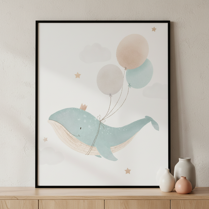 Close whale balloons ภาพติดผังสไตล์สแกนดิเนเวีย สำหรับตกแต่งบ้านและคอนโด พร้อมกรอบคุณภาพ