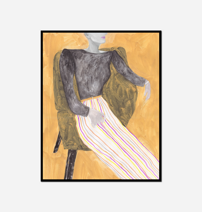Painting man sitting chair striped skirt