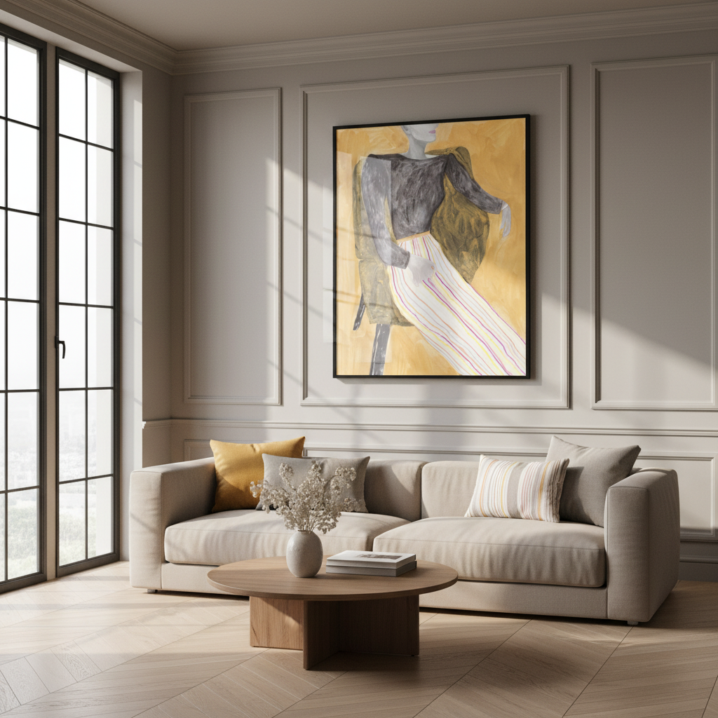 Painting man sitting chair striped skirt