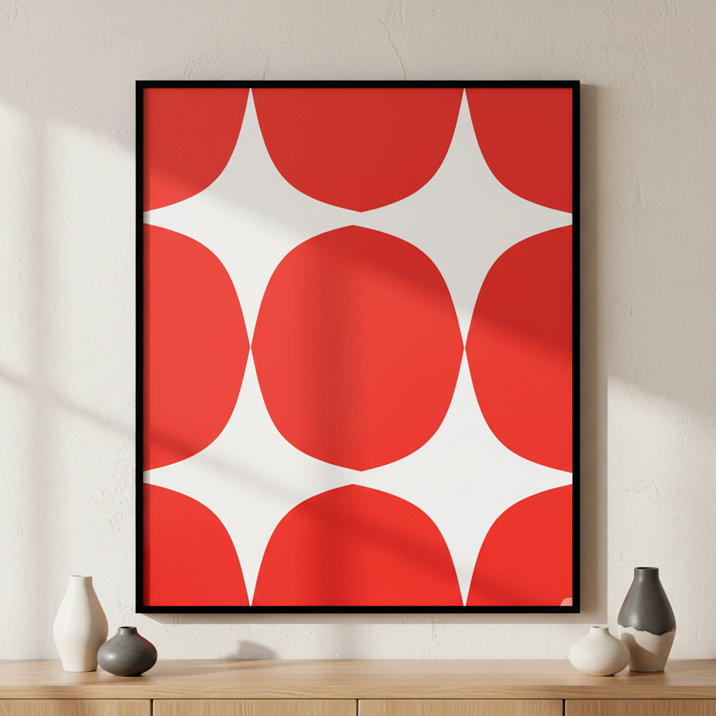Close red white polka dot ภาพติดผังสไตล์Bauhaus สำหรับตกแต่งบ้านและคอนโด พร้อมกรอบคุณภาพ
