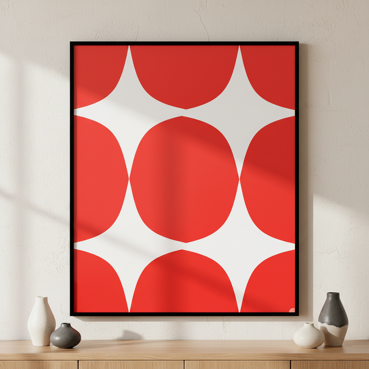 Close red white polka dot ภาพติดผังสไตล์Bauhaus สำหรับตกแต่งบ้านและคอนโด พร้อมกรอบคุณภาพ