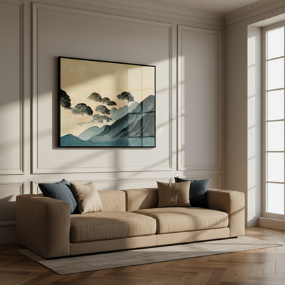 Painting mountain range clouds sky