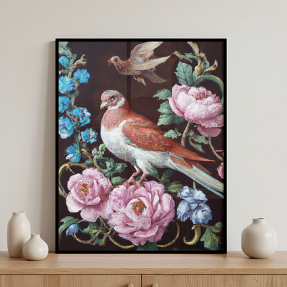 Painting bird flowers black ภาพติดผังสไตล์สแกนดิเนเวีย สำหรับตกแต่งบ้านและคอนโด พร้อมกรอบคุณภาพ