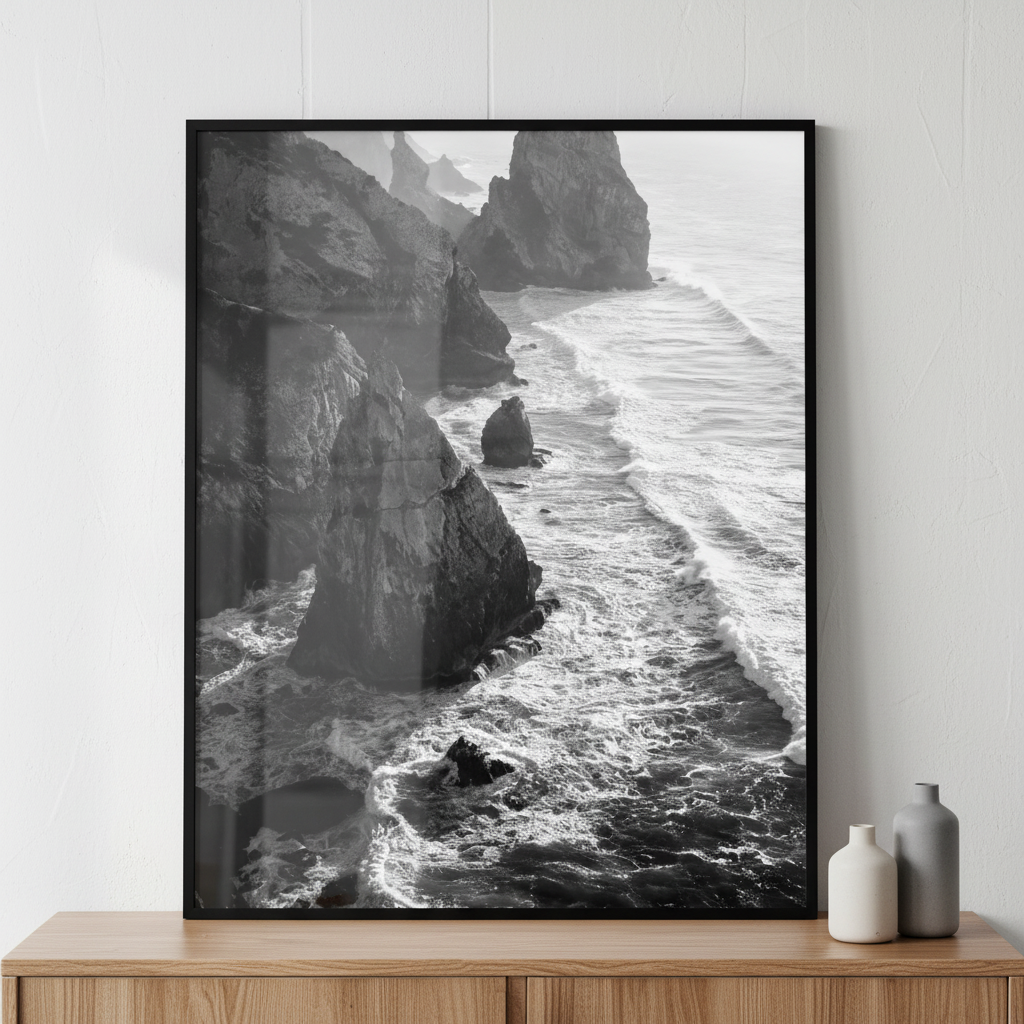 Black white rocky beach waves crashing ภาพติดผังสไตล์วิวธรรมชาติ สำหรับตกแต่งบ้านและคอนโด พร้อมกรอบคุณภาพ