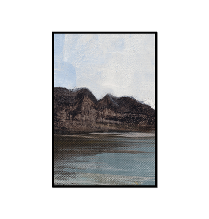 Painting mountain range body water foreground