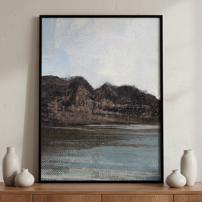 Painting mountain range body water foreground ภาพติดผังสไตล์สแกนดิเนเวีย สำหรับตกแต่งบ้านและคอนโด พร้อมกรอบคุณภาพ