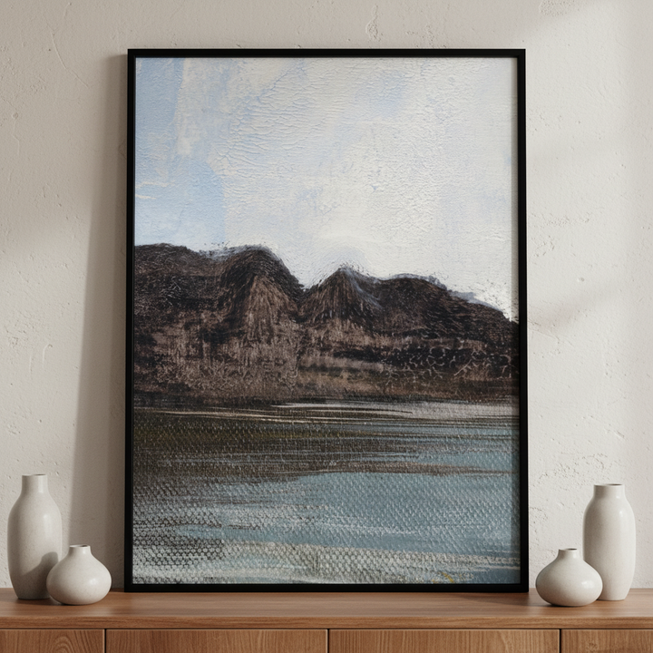 Painting mountain range body water foreground ภาพติดผังสไตล์สแกนดิเนเวีย สำหรับตกแต่งบ้านและคอนโด พร้อมกรอบคุณภาพ