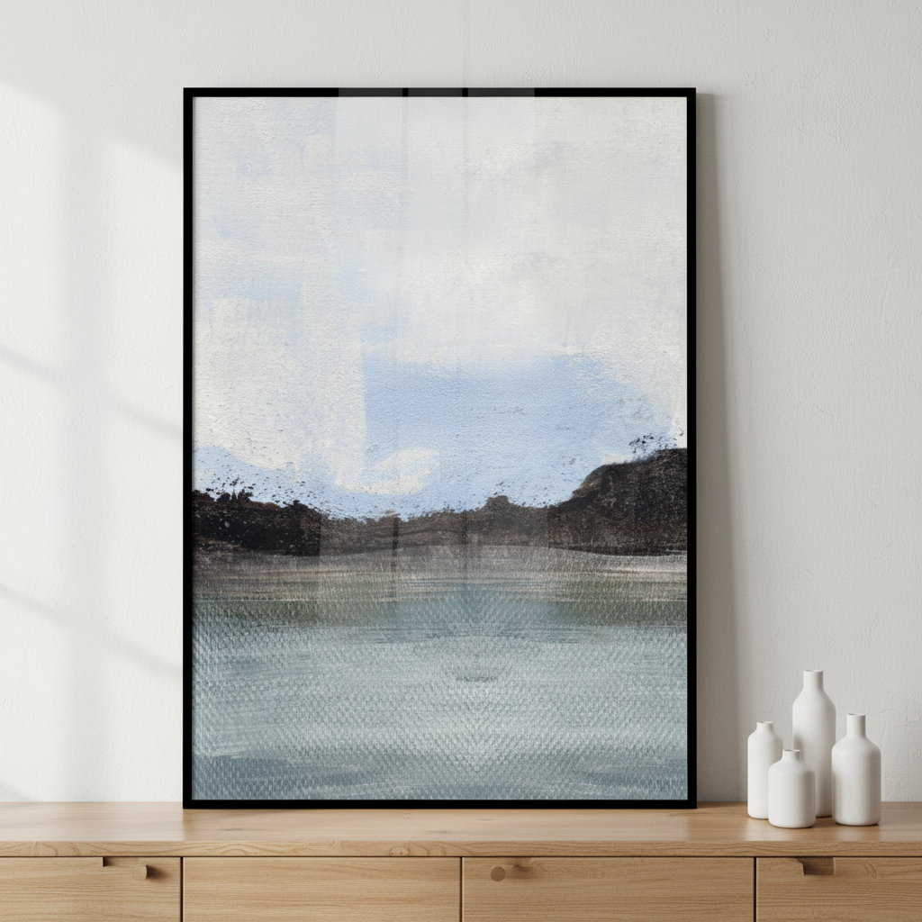 Painting blue lake white sky some trees ภาพติดผังสไตล์สแกนดิเนเวีย สำหรับตกแต่งบ้านและคอนโด พร้อมกรอบคุณภาพ