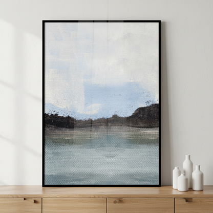 Painting blue lake white sky some trees ภาพติดผังสไตล์สแกนดิเนเวีย สำหรับตกแต่งบ้านและคอนโด พร้อมกรอบคุณภาพ