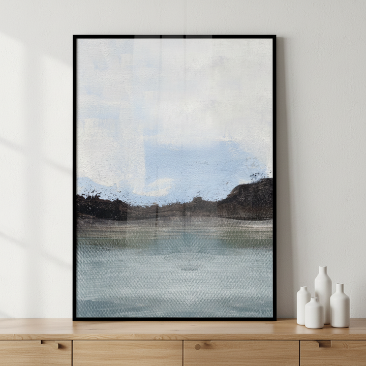 Painting blue lake white sky some trees ภาพติดผังสไตล์สแกนดิเนเวีย สำหรับตกแต่งบ้านและคอนโด พร้อมกรอบคุณภาพ