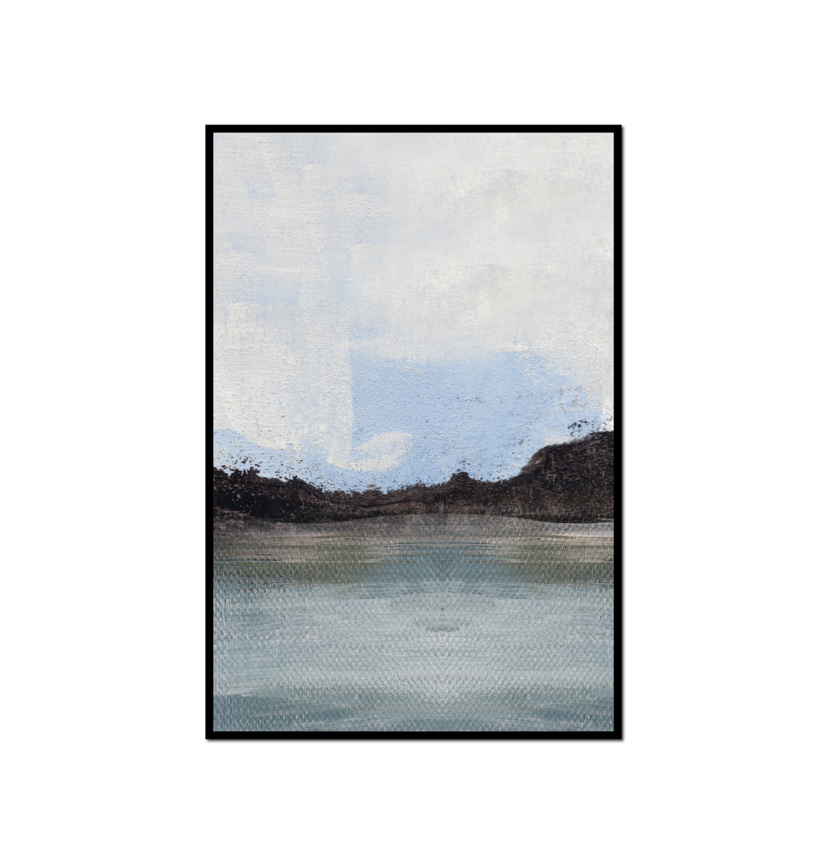 painting blue lake white sky some trees