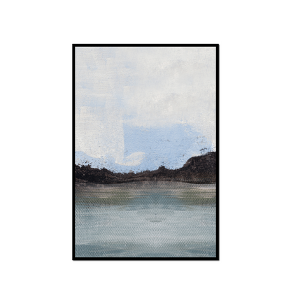 Painting blue lake white sky some trees