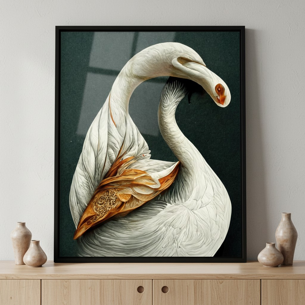 White swan long neck long neck ภาพติดผังสไตล์สแกนดิเนเวีย สำหรับตกแต่งบ้านและคอนโด พร้อมกรอบคุณภาพ