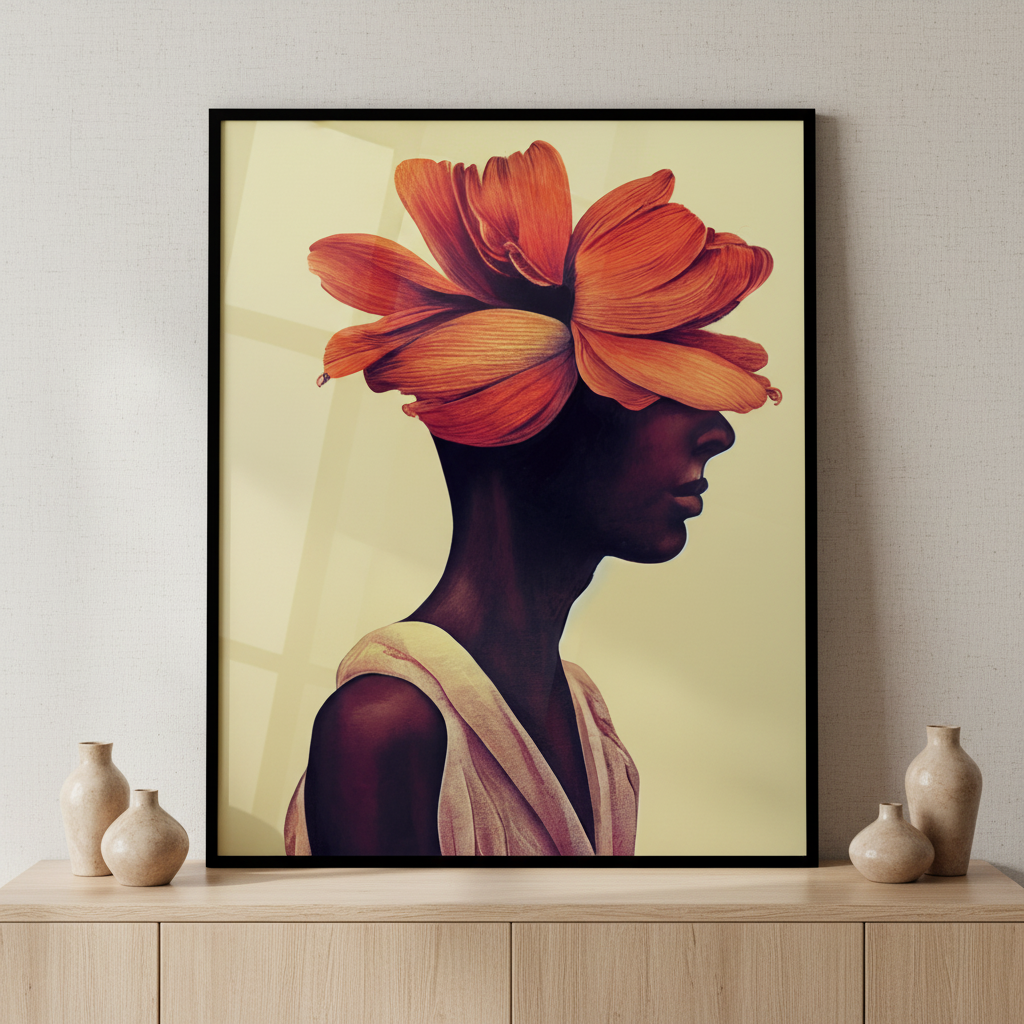 Woman flower her hair ภาพติดผังสไตล์สแกนดิเนเวีย สำหรับตกแต่งบ้านและคอนโด พร้อมกรอบคุณภาพ