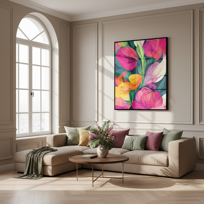 Brightly colored flowers black white