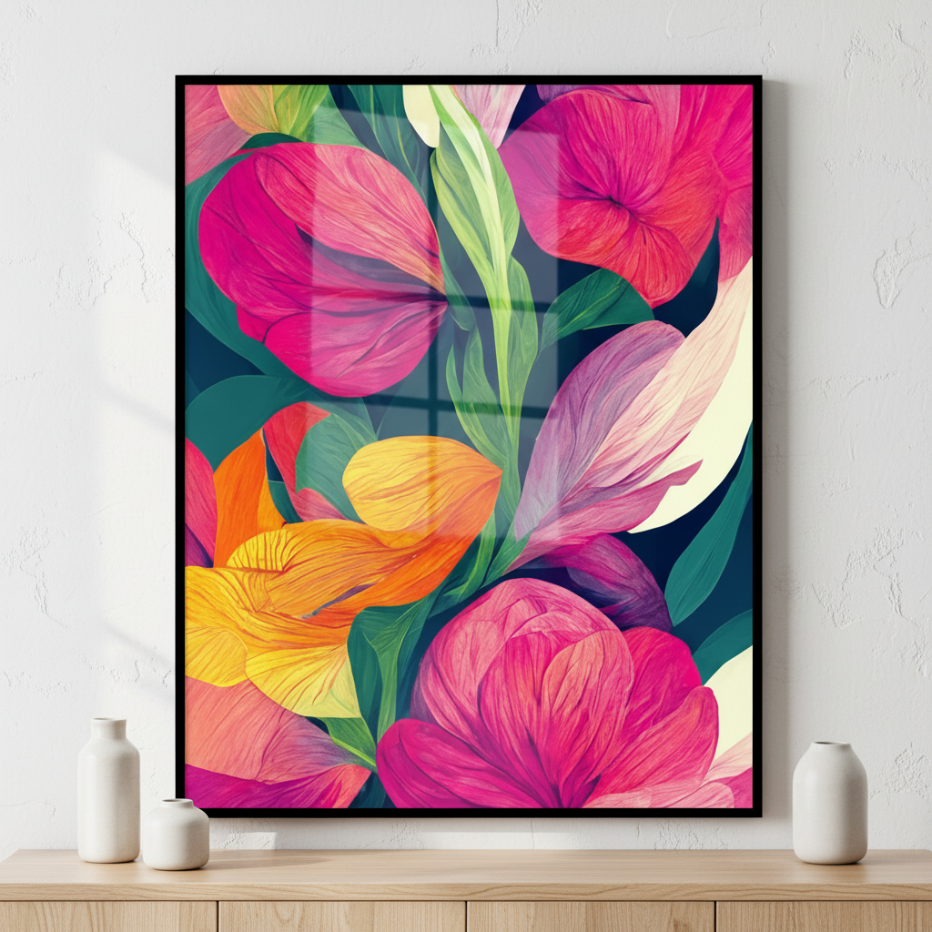 Brightly colored flowers black white ภาพติดผังสไตล์ธรรมชาติ สำหรับตกแต่งบ้านและคอนโด พร้อมกรอบคุณภาพ