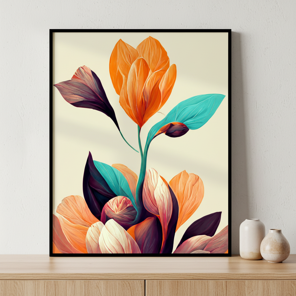 Flower orange blue leaves ภาพติดผังสไตล์ธรรมชาติ สำหรับตกแต่งบ้านและคอนโด พร้อมกรอบคุณภาพ
