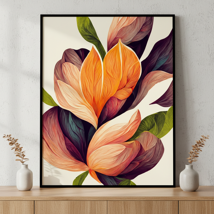 Flower orange petals ภาพติดผังสไตล์ธรรมชาติ สำหรับตกแต่งบ้านและคอนโด พร้อมกรอบคุณภาพ