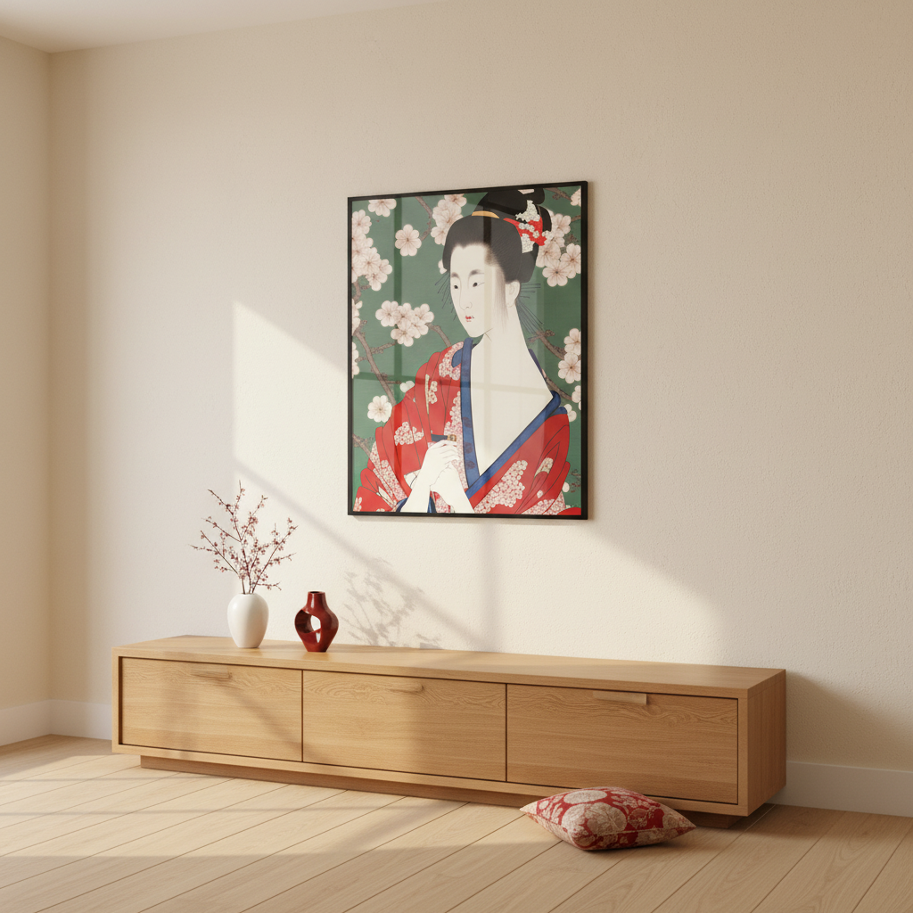Woman kimono dress holding fan