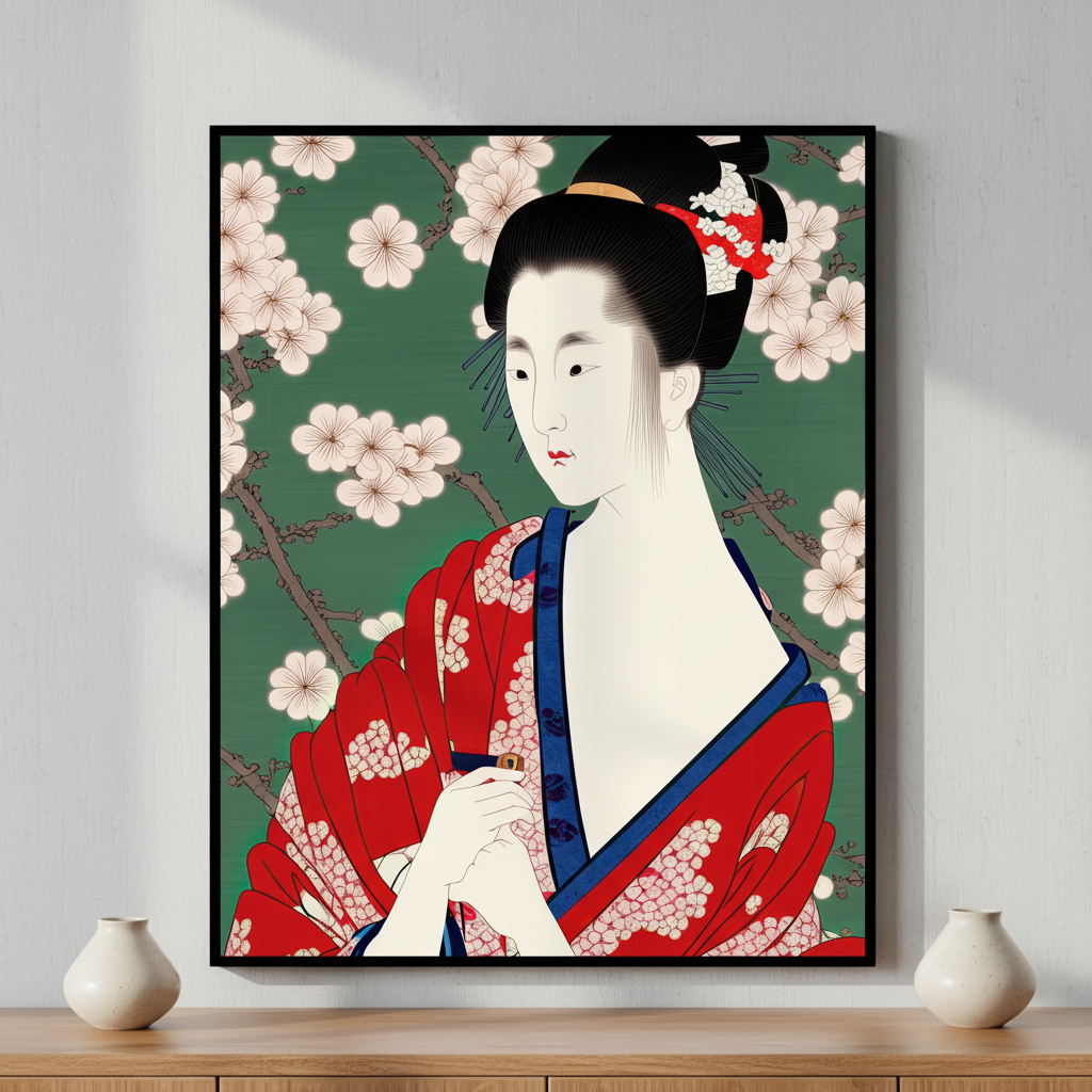 Woman kimono dress holding fan ภาพติดผังสไตล์สแกนดิเนเวีย สำหรับตกแต่งบ้านและคอนโด พร้อมกรอบคุณภาพ
