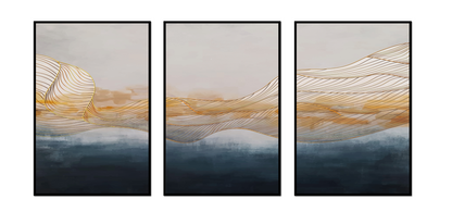 Three abstract  blue yellow wave (3 ภาพ) ภาพติดผังสไตล์นามธรรม สำหรับตกแต่งบ้านและคอนโด พร้อมกรอบคุณภาพ