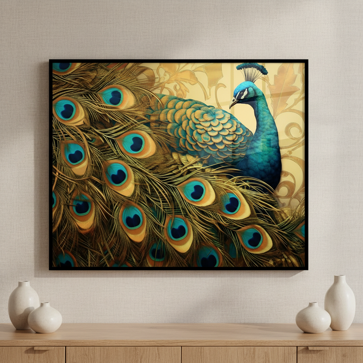 Painting peacock blue feathers white ภาพติดผังสไตล์สแกนดิเนเวีย สำหรับตกแต่งบ้านและคอนโด พร้อมกรอบคุณภาพ