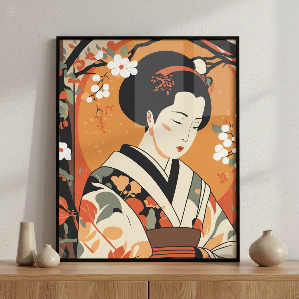 Woman kimono dress flower her hair ภาพติดผังสไตล์สแกนดิเนเวีย สำหรับตกแต่งบ้านและคอนโด พร้อมกรอบคุณภาพ