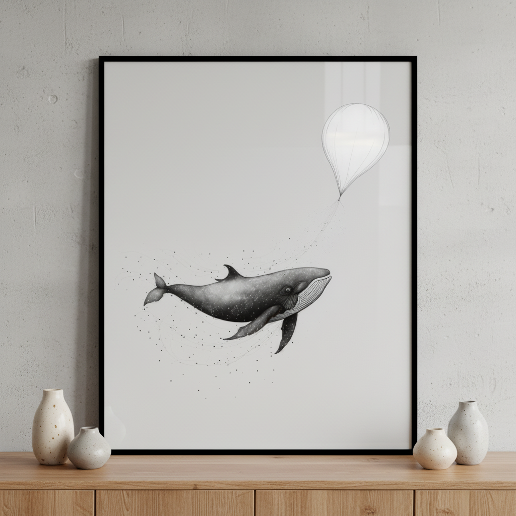 Black white whale balloon floating air ภาพติดผังสไตล์สแกนดิเนเวีย สำหรับตกแต่งบ้านและคอนโด พร้อมกรอบคุณภาพ