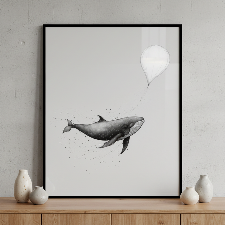 Black white whale balloon floating air ภาพติดผังสไตล์สแกนดิเนเวีย สำหรับตกแต่งบ้านและคอนโด พร้อมกรอบคุณภาพ