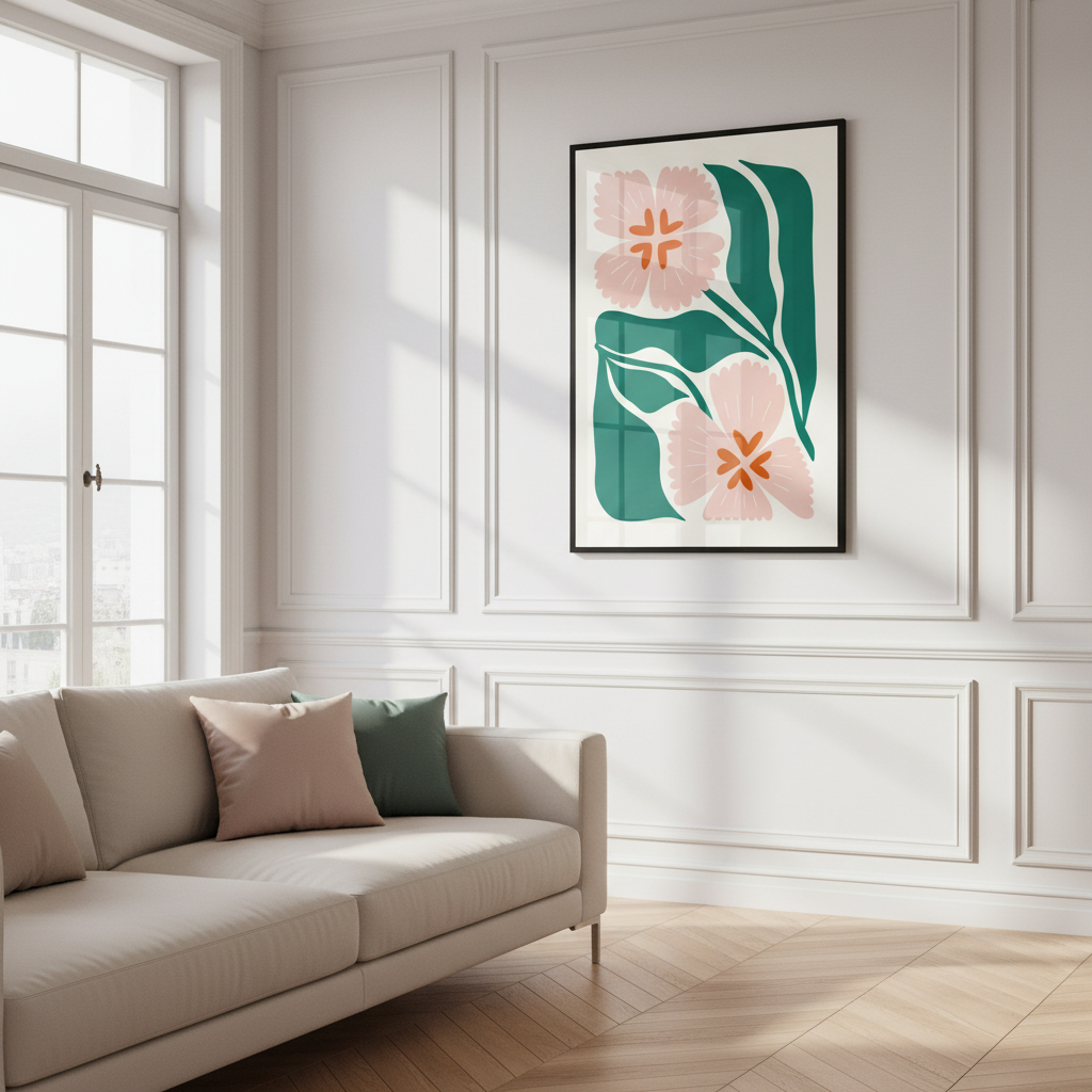 Art pink flower green leaves