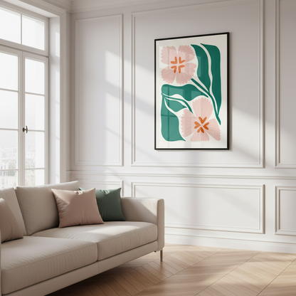 Art pink flower green leaves