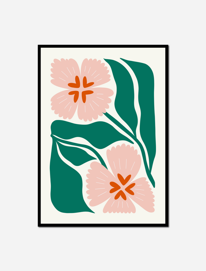 art pink flower green leaves