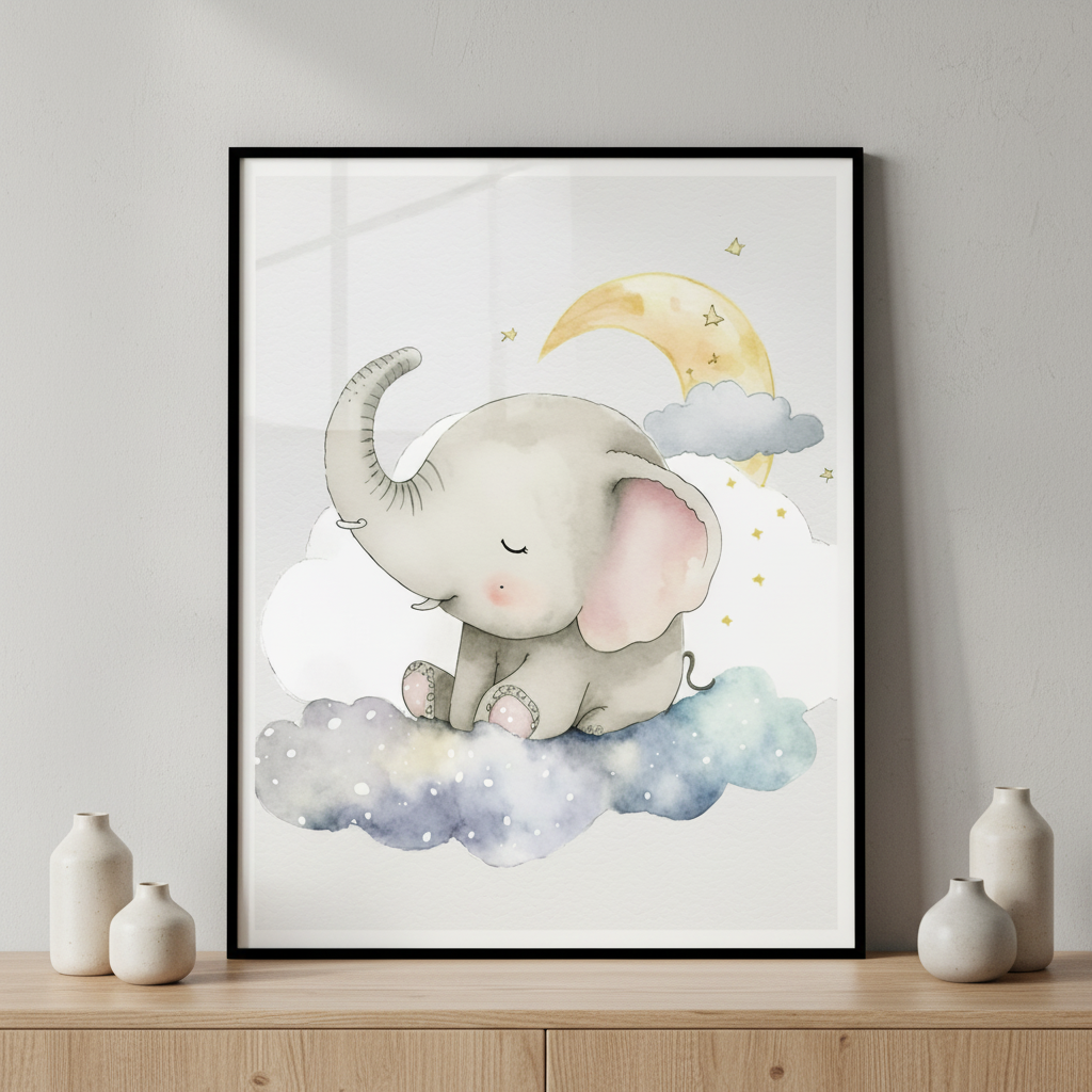 Close elephant sitting cloud ภาพติดผังสไตล์สแกนดิเนเวีย สำหรับตกแต่งบ้านและคอนโด พร้อมกรอบคุณภาพ