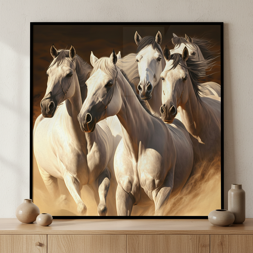 Four horses running together sand ภาพติดผังสไตล์สแกนดิเนเวีย สำหรับตกแต่งบ้านและคอนโด พร้อมกรอบคุณภาพ
